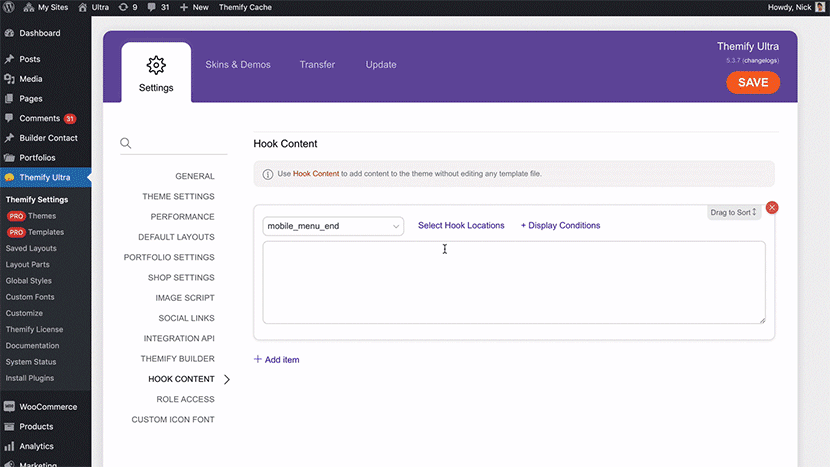 Themify Hook Content Location Selection