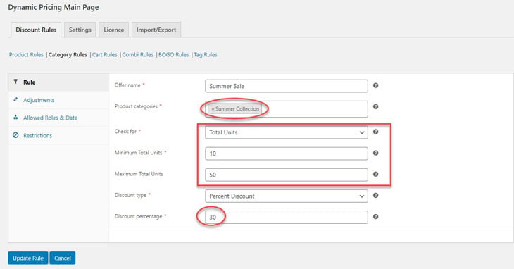 Categories Discount Settings