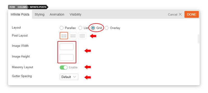 Infinite Post grid and overlay option panel