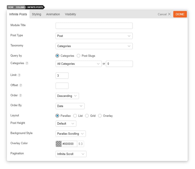 Infinite Post module screenshot outlining all the options