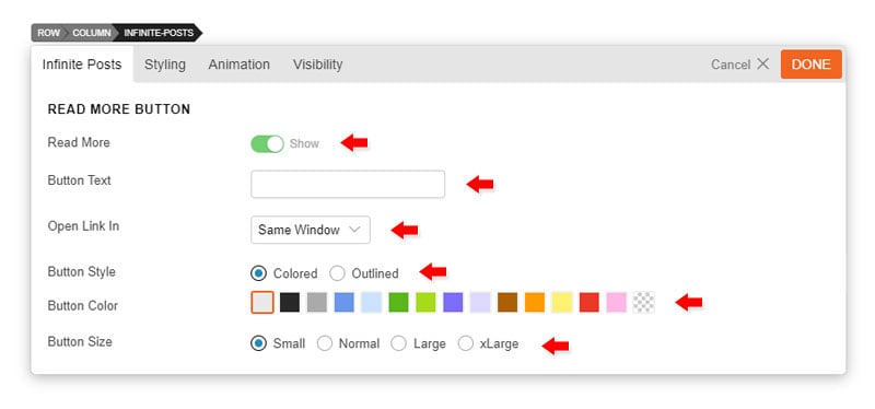 Infinite Post read more button option panel