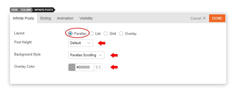 Infinite Post parallax option panel