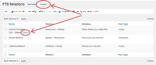 how to import/export ptb relation templates