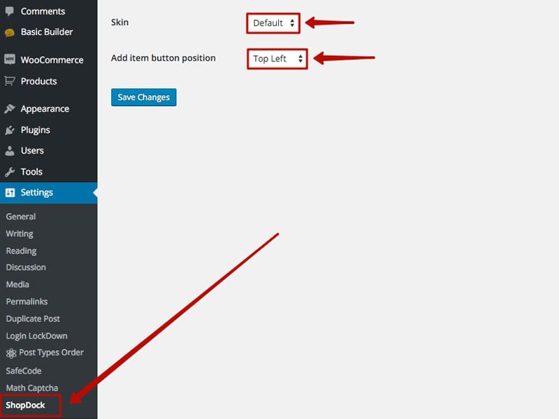how to change the skin and button position of the WooCommerce Shopdock plugin