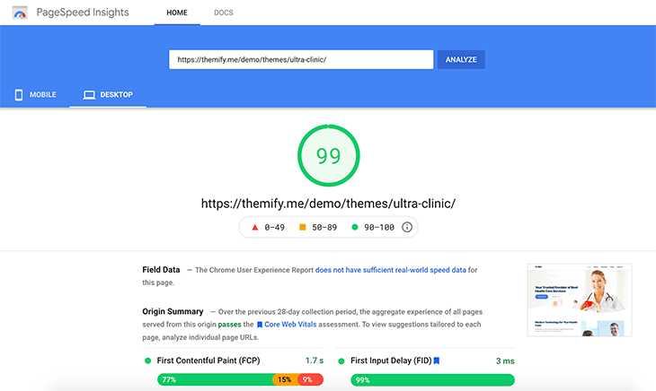 Clinic Pagespeed Score