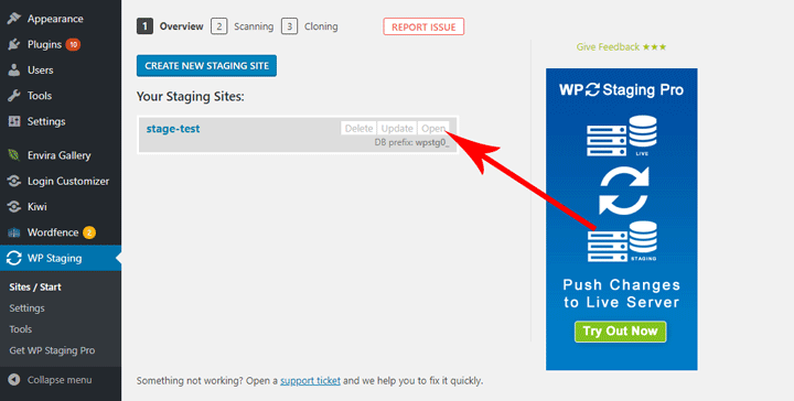 WP Staging open site