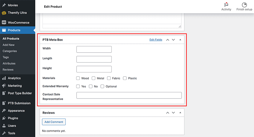 PTB Product custom fields