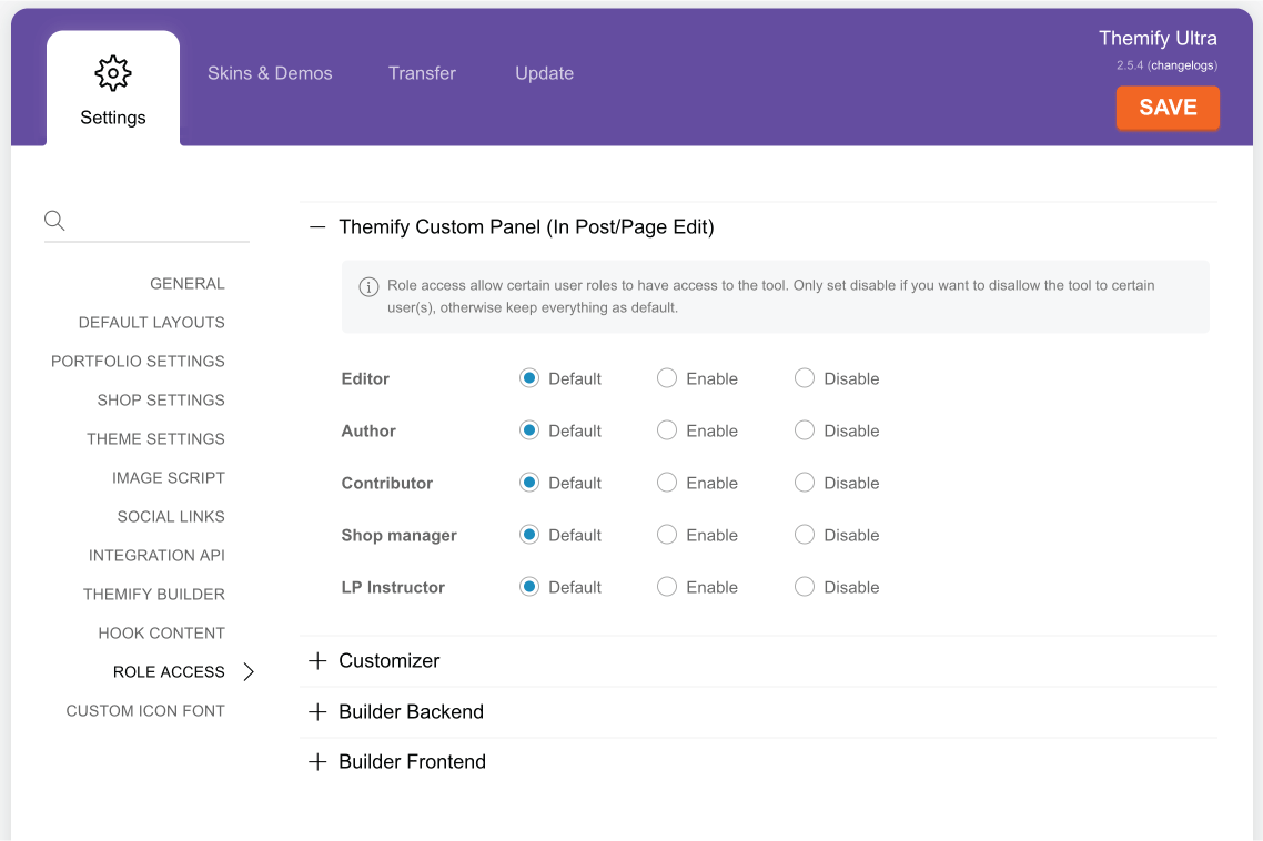 Themify Role Access Settings